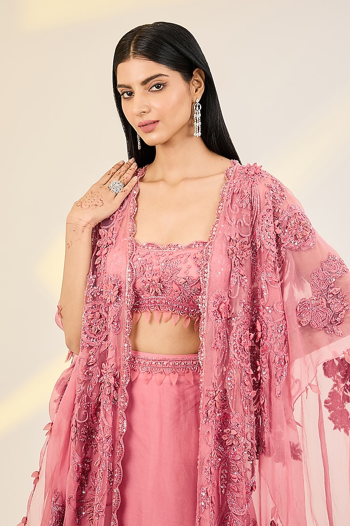 Pink Net & Organza Embellished Jacket Wedding Lehenga Set by AWIGNA BY VARSHA & RITTU at Pernia's Pop Up Shop