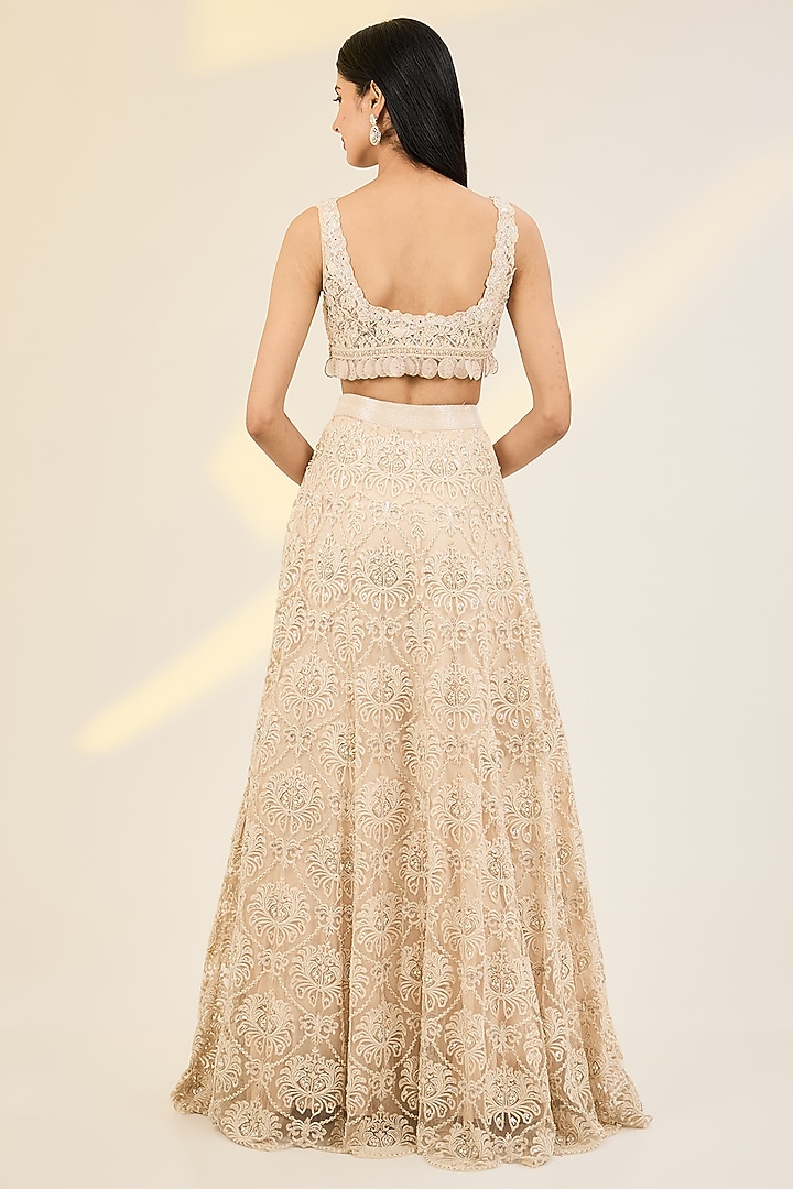 Ivory Net & Organza Hand Embroidered Wedding Lehenga Set by AWIGNA BY VARSHA & RITTU at Pernia's Pop Up Shop