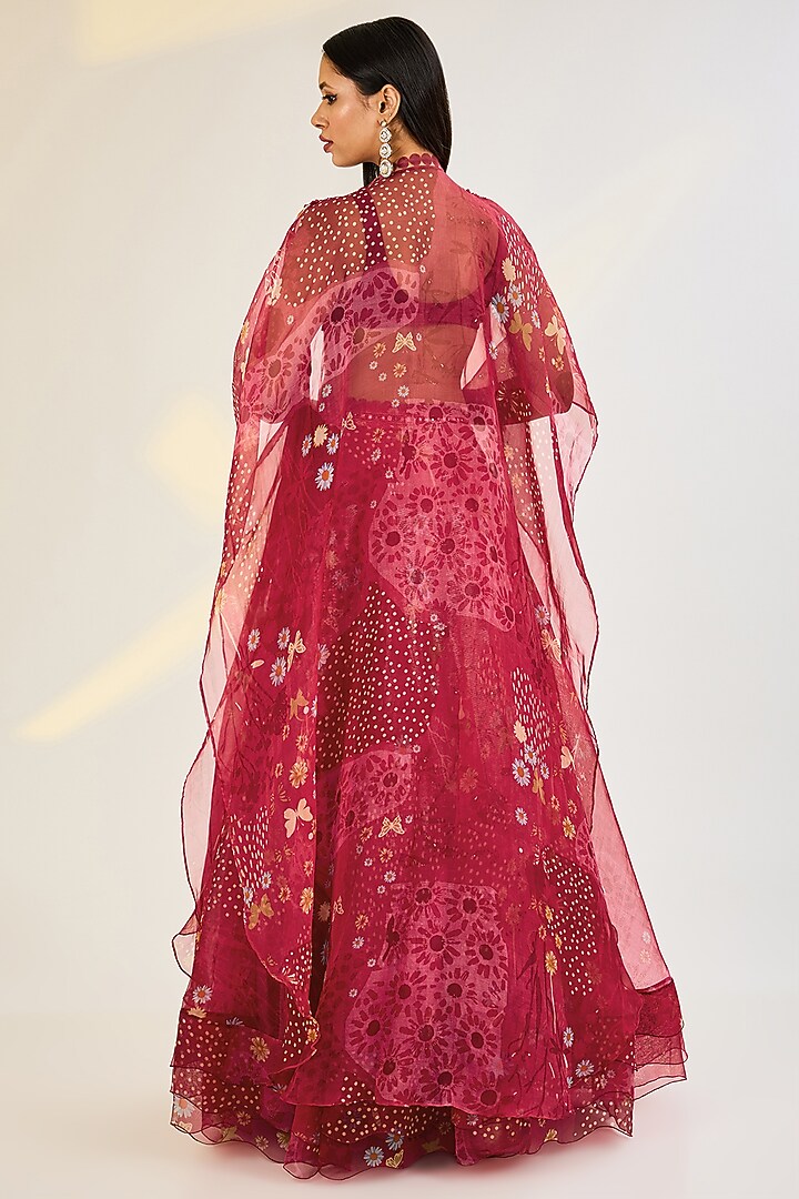 Coral Red Organza Printed Skirt Set by AWIGNA BY VARSHA & RITTU at Pernia's Pop Up Shop