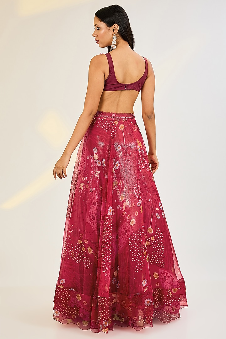 Coral Red Organza Printed Skirt Set by AWIGNA BY VARSHA & RITTU at Pernia's Pop Up Shop