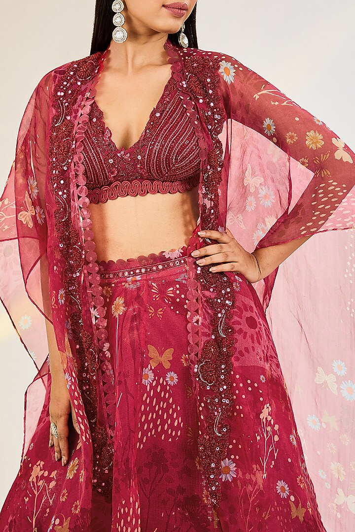 Coral Red Organza Printed Skirt Set by AWIGNA BY VARSHA & RITTU at Pernia's Pop Up Shop