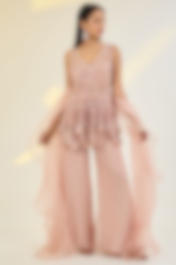Rose Pink Net & Organza Flared Pant Set by AWIGNA BY VARSHA & RITTU at Pernia's Pop Up Shop