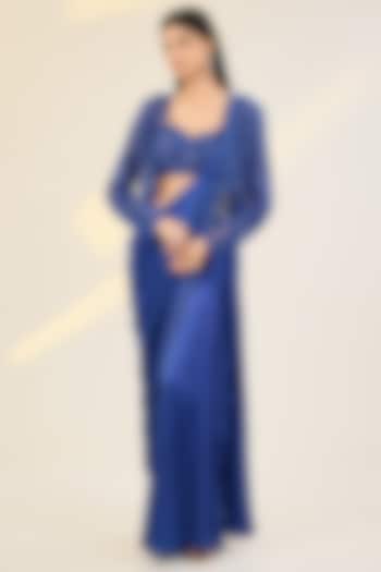 Blue Satin Georgette & Net Embellished Draped Jacket Wedding Saree Set by AWIGNA BY VARSHA & RITTU at Pernia's Pop Up Shop