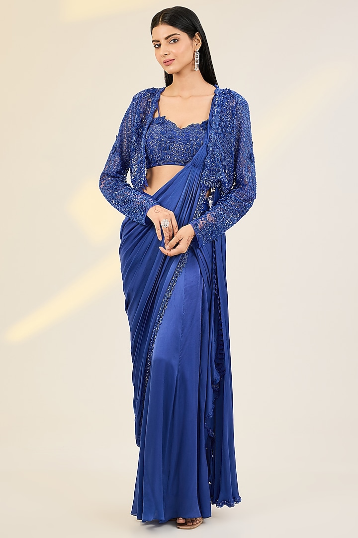Blue Satin Georgette & Net Embellished Draped Jacket Wedding Saree Set by AWIGNA BY VARSHA & RITTU at Pernia's Pop Up Shop
