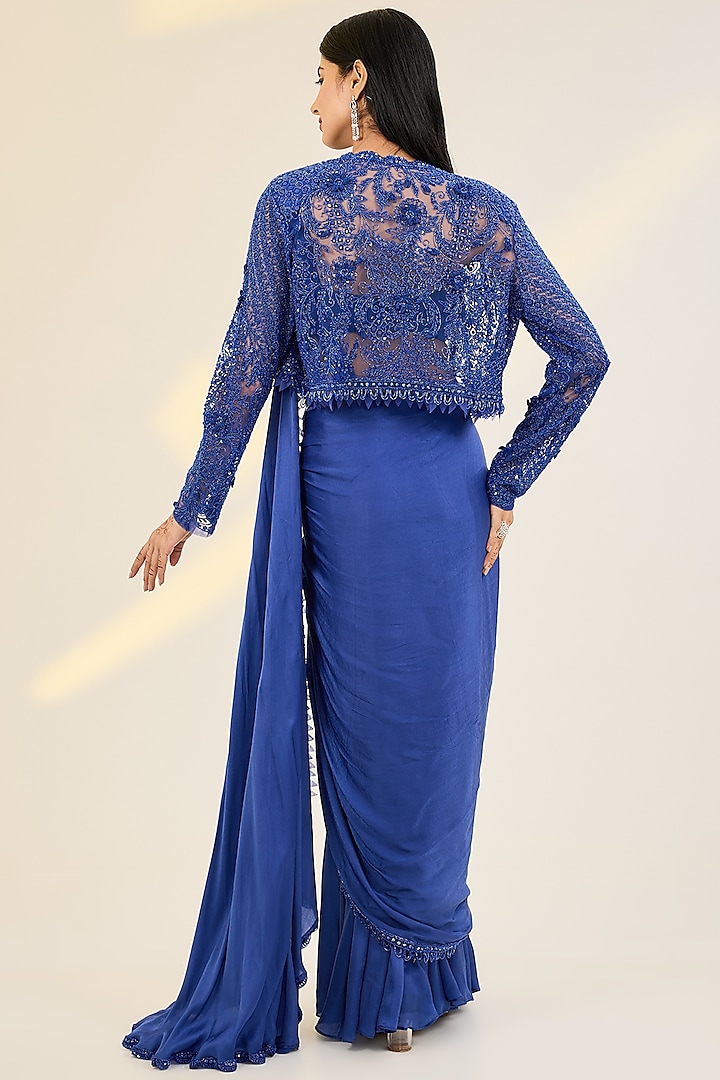 Blue Satin Georgette & Net Embellished Draped Jacket Wedding Saree Set by AWIGNA BY VARSHA & RITTU at Pernia's Pop Up Shop
