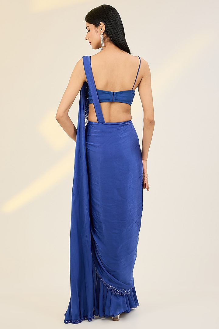 Blue Satin Georgette & Net Embellished Draped Jacket Wedding Saree Set by AWIGNA BY VARSHA & RITTU at Pernia's Pop Up Shop