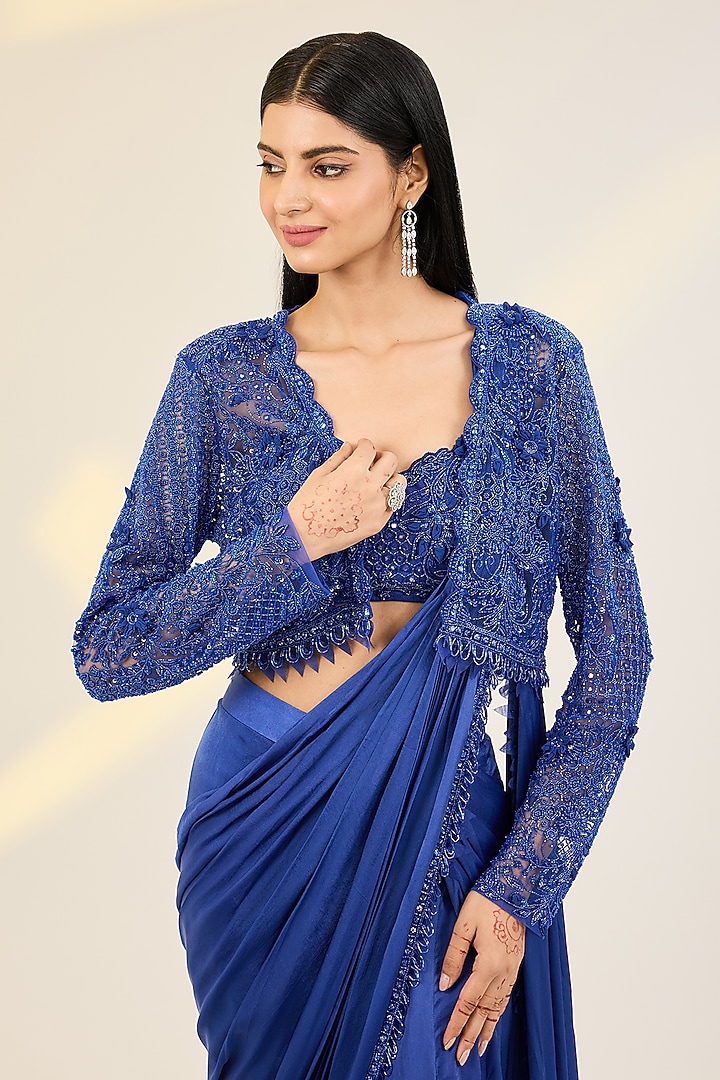 Blue Satin Georgette & Net Embellished Draped Jacket Wedding Saree Set by AWIGNA BY VARSHA & RITTU at Pernia's Pop Up Shop