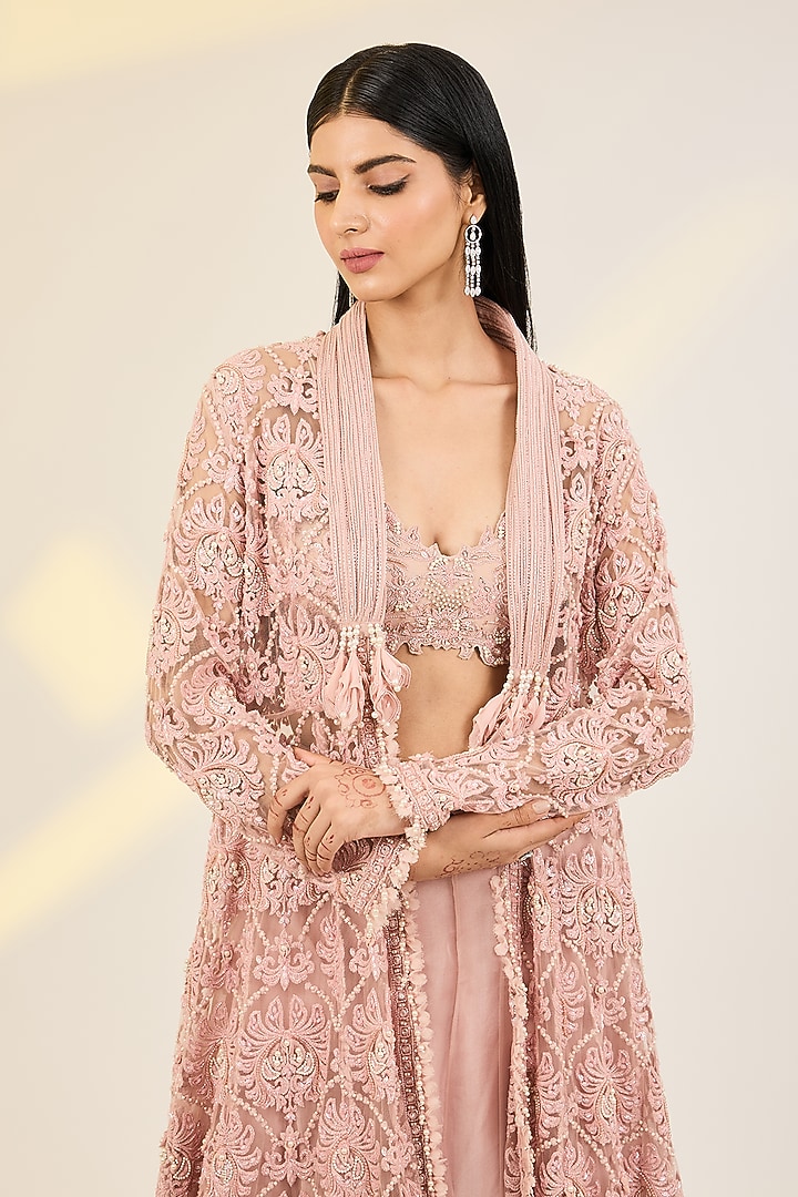 Pink Pure Organza & Net Hand Embellished Cape Set by AWIGNA BY VARSHA & RITTU at Pernia's Pop Up Shop