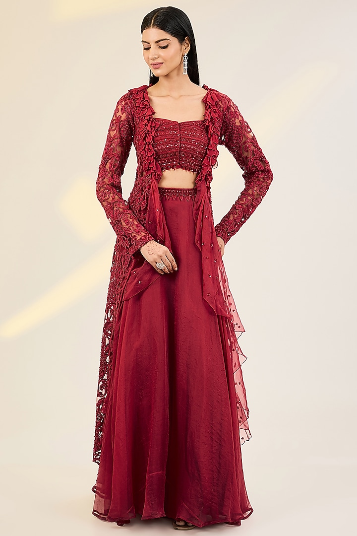 Crimson Red Organza & Net Hand Embroidered Jacket Wedding Lehenga Set by AWIGNA BY VARSHA & RITTU at Pernia's Pop Up Shop