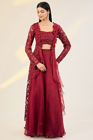Crimson Red Organza & Net Hand Embroidered Jacket Lehenga Set by AWIGNA BY VARSHA & RITTU