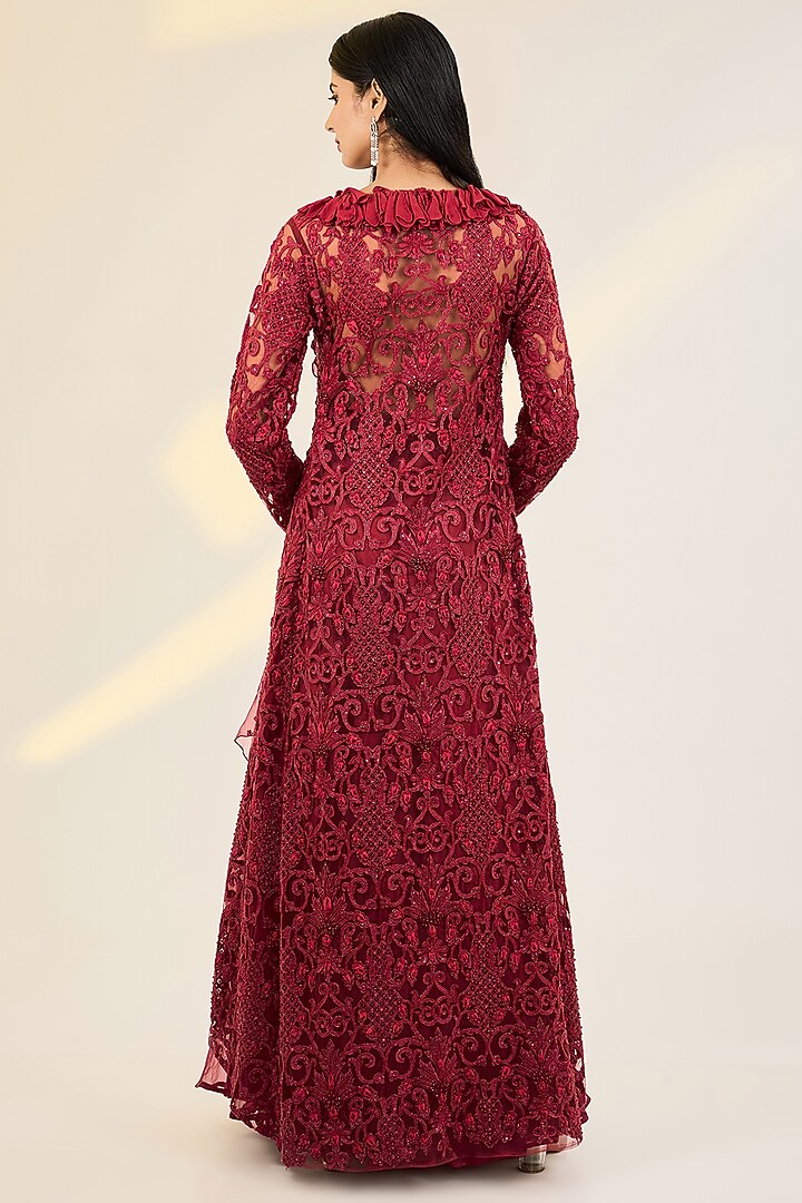 Crimson Red Organza & Net Hand Embroidered Jacket Wedding Lehenga Set by AWIGNA BY VARSHA & RITTU at Pernia's Pop Up Shop