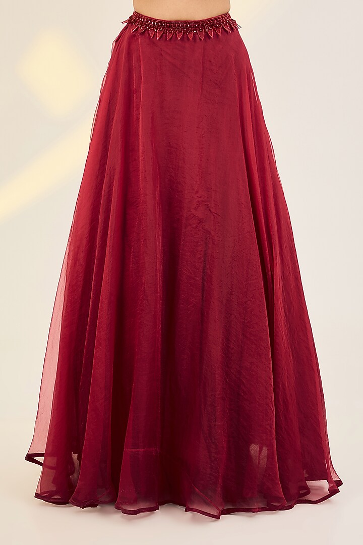 Crimson Red Organza & Net Hand Embroidered Jacket Wedding Lehenga Set by AWIGNA BY VARSHA & RITTU at Pernia's Pop Up Shop