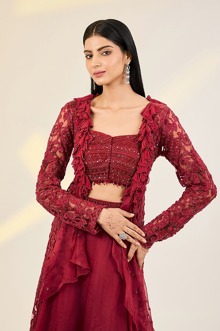 Crimson Red Organza & Net Hand Embroidered Jacket Wedding Lehenga Set by AWIGNA BY VARSHA & RITTU at Pernia's Pop Up Shop