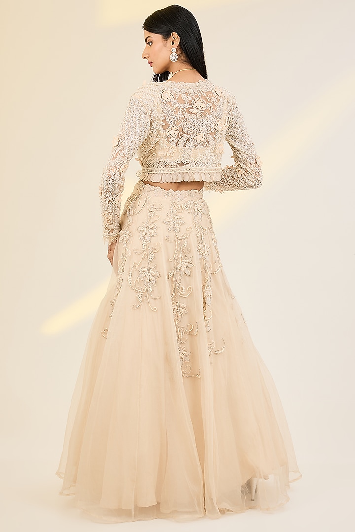 Ivory Organza & Net Hand Embroidered Jacket Wedding Lehenga Set by AWIGNA BY VARSHA & RITTU at Pernia's Pop Up Shop