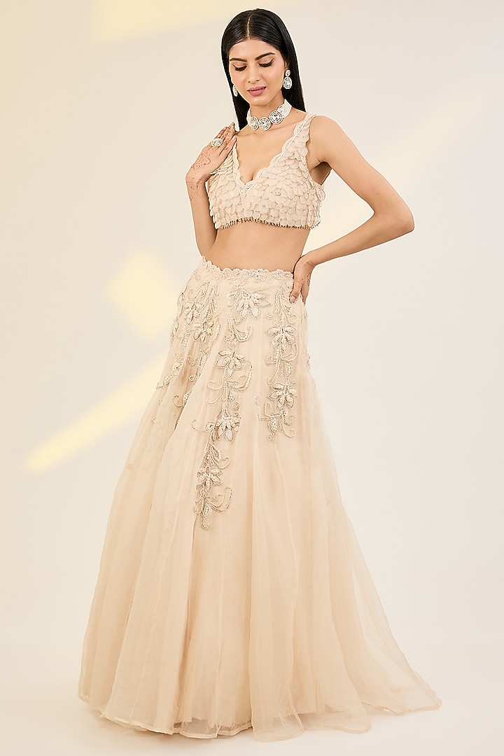 Ivory Organza & Net Hand Embroidered Jacket Wedding Lehenga Set by AWIGNA BY VARSHA & RITTU at Pernia's Pop Up Shop