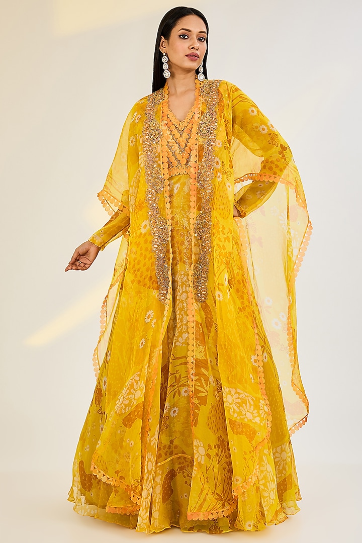 Yellow Net & Organza Printed Anarkali With Cape by AWIGNA BY VARSHA & RITTU