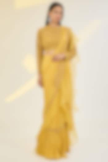 Yellow Chiffon & Organza Hand Embroidered Pre-Draped Saree Set by AWIGNA BY VARSHA & RITTU at Pernia's Pop Up Shop