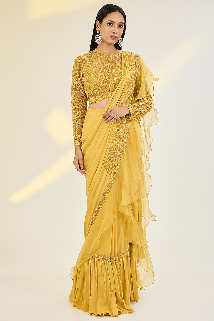 Yellow Chiffon & Organza Hand Embroidered Pre-Draped Saree Set by AWIGNA BY VARSHA & RITTU at Pernia's Pop Up Shop