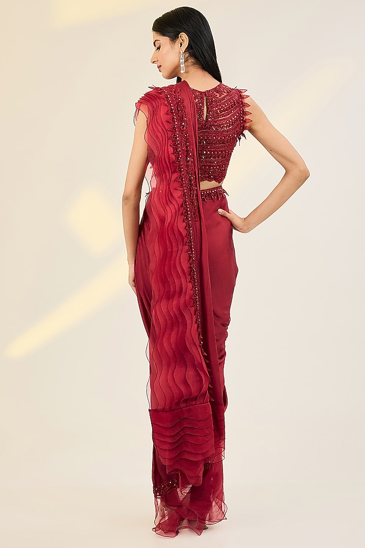 Red Pure Organza & Net Hand Embroidered Draped Wedding Saree Set by AWIGNA BY VARSHA & RITTU at Pernia's Pop Up Shop