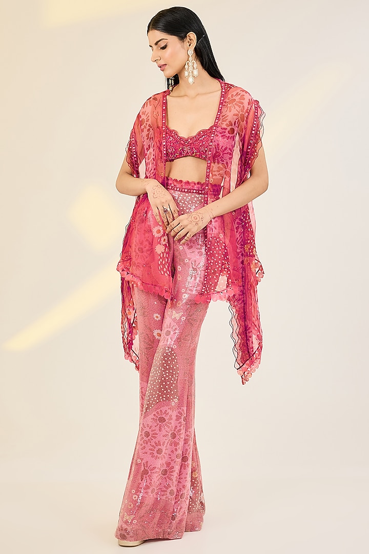 Coral Red Organza & Net Digital Printed Cape Set by AWIGNA BY VARSHA & RITTU at Pernia's Pop Up Shop