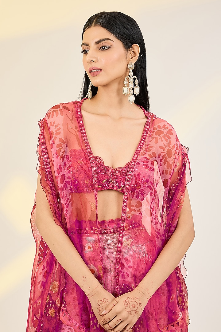 Coral Red Organza & Net Digital Printed Cape Set by AWIGNA BY VARSHA & RITTU at Pernia's Pop Up Shop