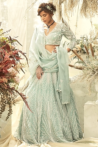 Sky Blue Embellished Lehenga Set by AWIGNA BY VARSHA & RITTU