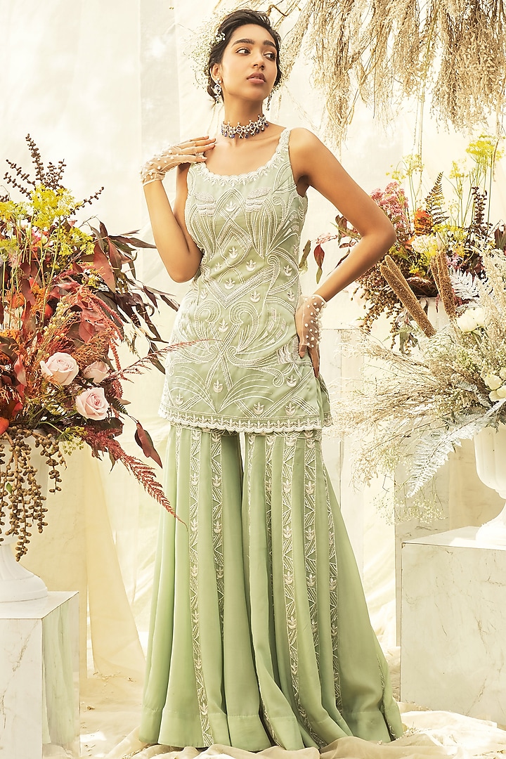 Mint Green Sequins Embroidered Sharara Set by AWIGNA BY VARSHA & RITTU
