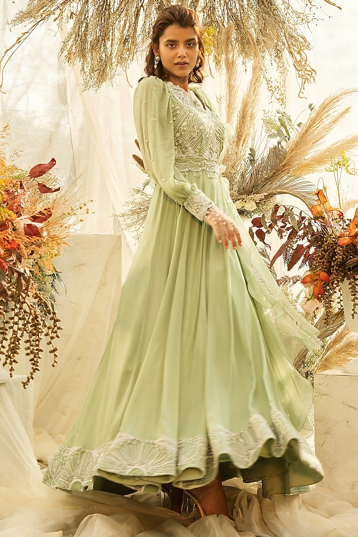 Mint green Sequins Embroidered Anarkali Set by AWIGNA BY VARSHA & RITTU