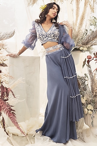 Cobalt Blue Organza Pant Set by AWIGNA BY VARSHA & RITTU