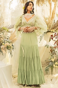 Mint Green Tiered Lehenga Set by AWIGNA BY VARSHA & RITTU-VOLUMINOUS SLEEVES