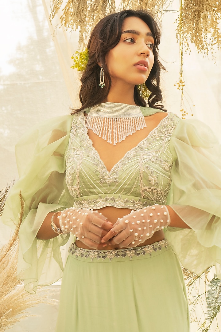 Mint Green Tiered Wedding Lehenga Set by AWIGNA BY VARSHA & RITTU at Pernia's Pop Up Shop