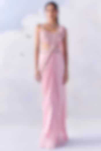 Soft Pink Satin Georgette Embroidered Pre-Draped Wedding Saree Set by AWIGNA BY VARSHA & RITTU at Pernia's Pop Up Shop