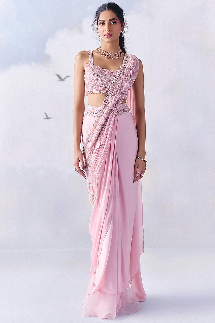 Soft Pink Satin Georgette Embroidered Pre-Draped Wedding Saree Set by AWIGNA BY VARSHA & RITTU at Pernia's Pop Up Shop
