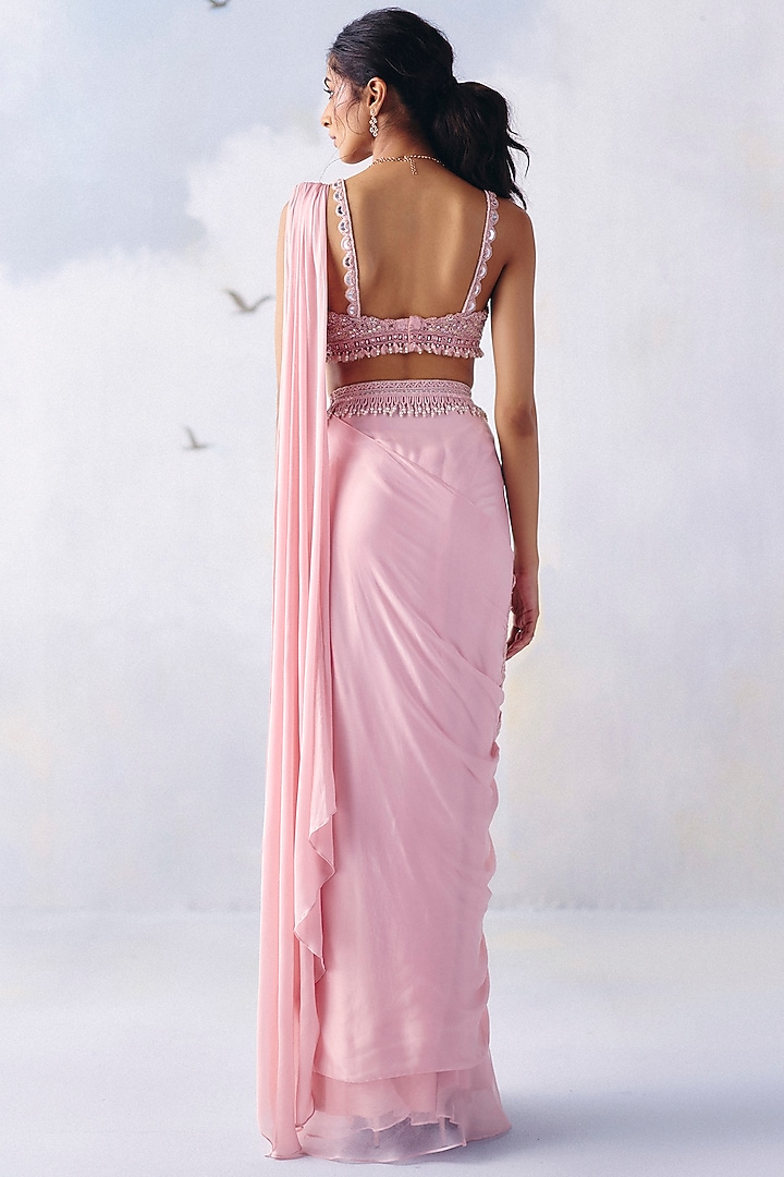 Soft Pink Satin Georgette Embroidered Pre-Draped Wedding Saree Set by AWIGNA BY VARSHA & RITTU at Pernia's Pop Up Shop