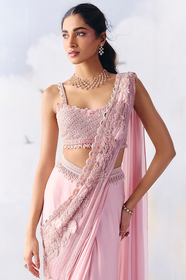 Soft Pink Satin Georgette Embroidered Pre-Draped Wedding Saree Set by AWIGNA BY VARSHA & RITTU at Pernia's Pop Up Shop