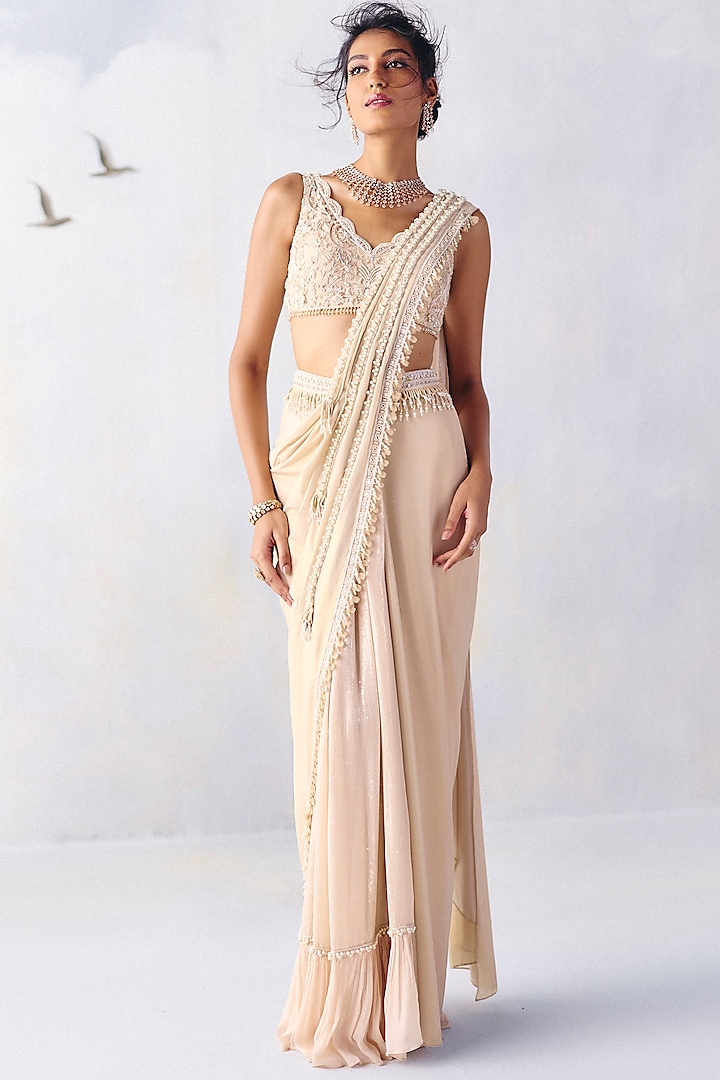 Ivory Lycra & Net Embroidered Pre-Draped Saree Set by AWIGNA BY VARSHA & RITTU at Pernia's Pop Up Shop