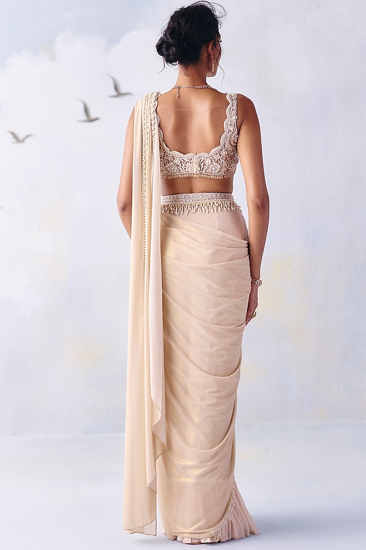 Ivory Lycra & Net Embroidered Pre-Draped Wedding Saree Set by AWIGNA BY VARSHA & RITTU at Pernia's Pop Up Shop