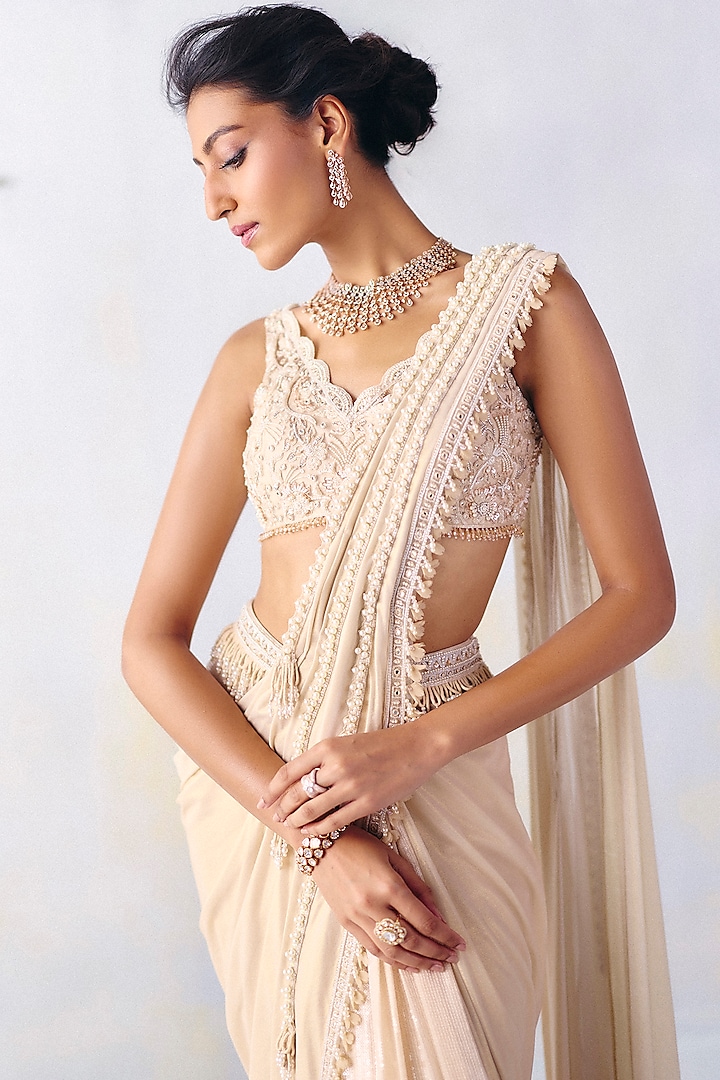 Ivory Lycra & Net Embroidered Pre-Draped Wedding Saree Set by AWIGNA BY VARSHA & RITTU at Pernia's Pop Up Shop