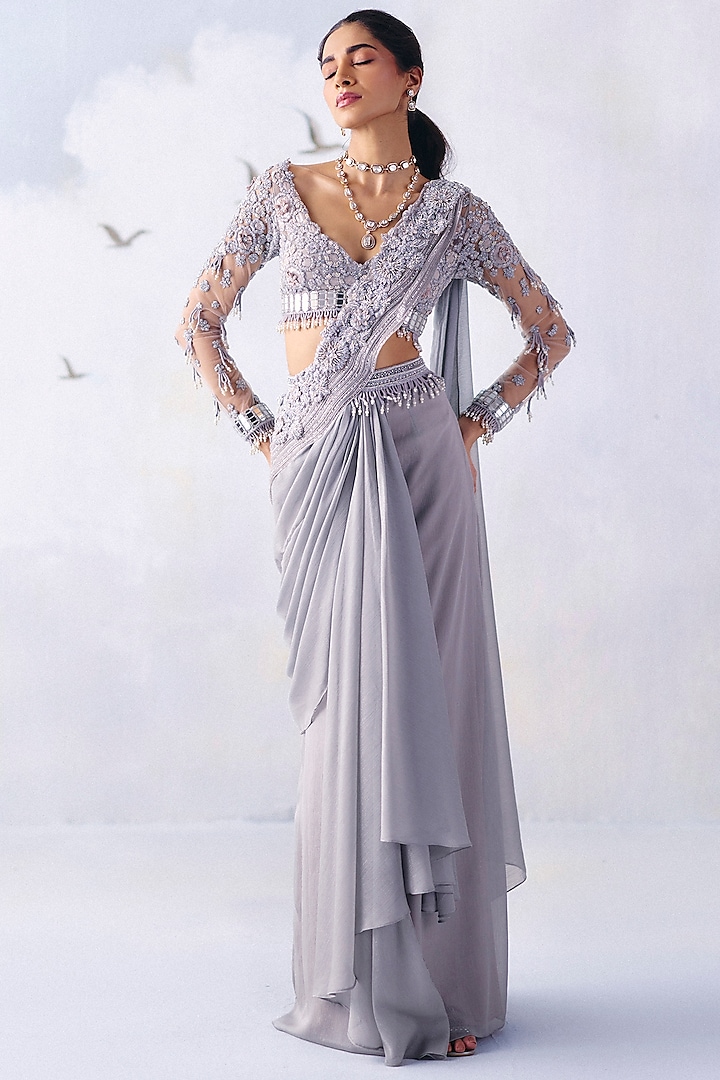 Silver Metallic Georgette Mirror Embroidered Pre-Draped Saree Set by AWIGNA BY VARSHA & RITTU at Pernia's Pop Up Shop