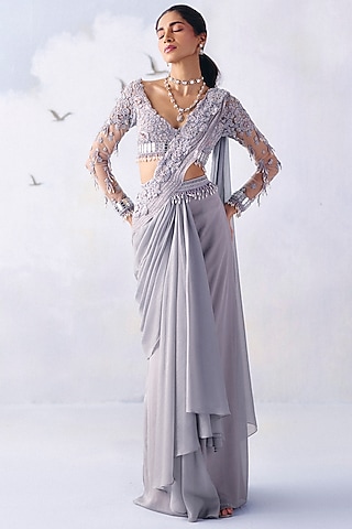 Silver Metallic Georgette Mirror Embroidered Pre-Draped Saree Set by AWIGNA BY VARSHA & RITTU