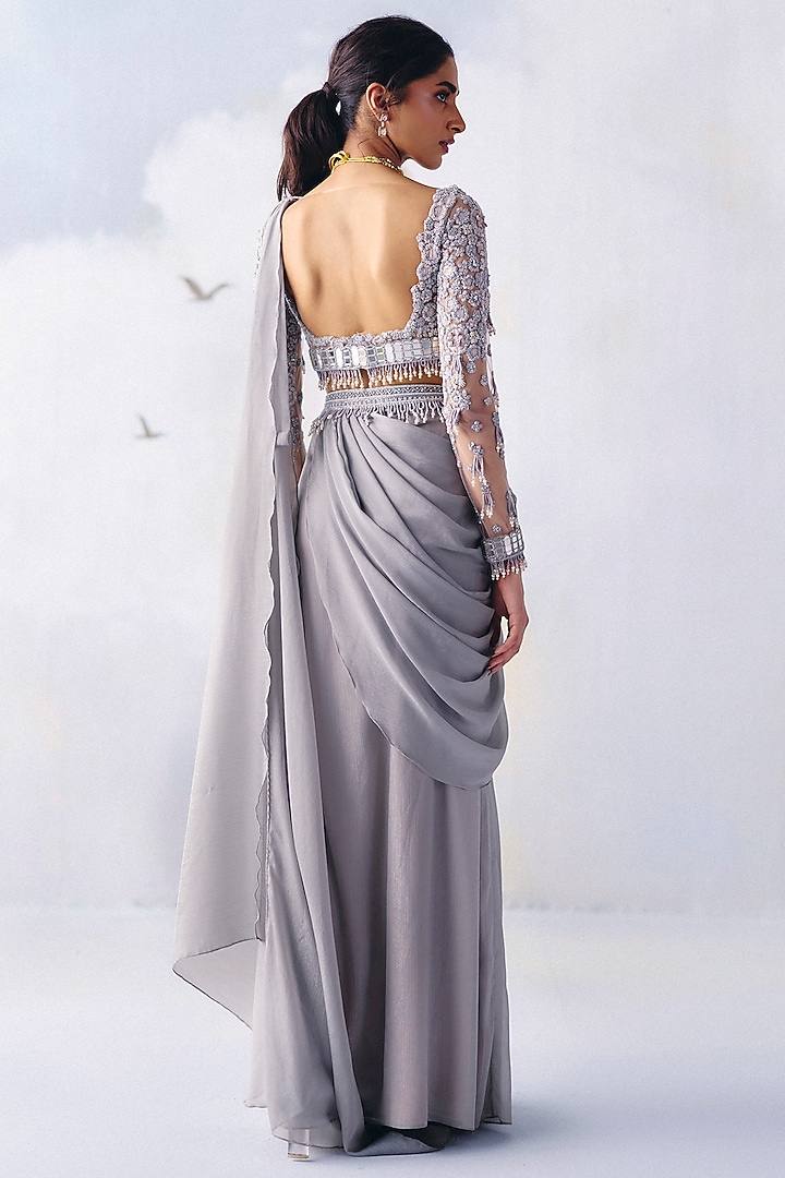 Silver Metallic Georgette Mirror Embroidered Pre-Draped Wedding Saree Set by AWIGNA BY VARSHA & RITTU at Pernia's Pop Up Shop
