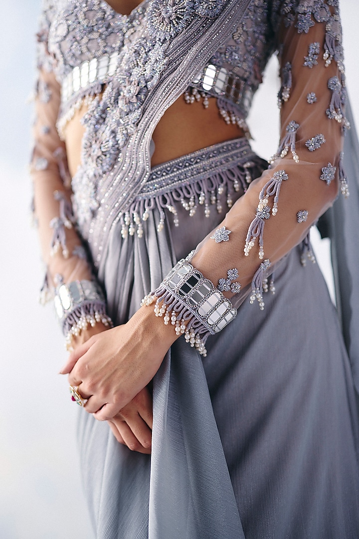 Silver Metallic Georgette Mirror Embroidered Pre-Draped Wedding Saree Set by AWIGNA BY VARSHA & RITTU at Pernia's Pop Up Shop