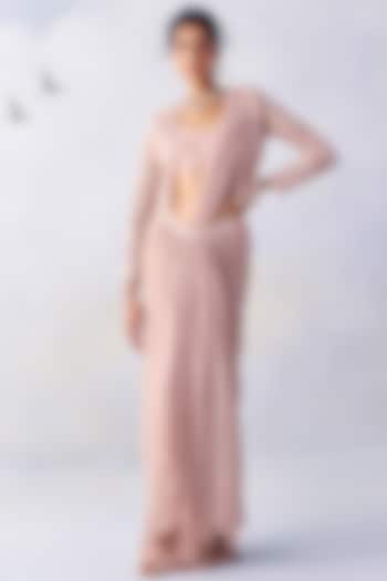 Dusty Pink Platinoir Crepe Pre-Draped Wedding Saree Set by AWIGNA BY VARSHA & RITTU at Pernia's Pop Up Shop