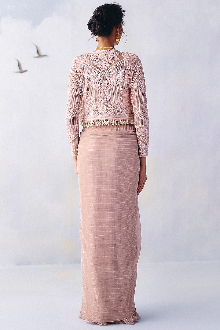 Dusty Pink Platinoir Crepe Pre-Draped Reception Saree Set by AWIGNA BY VARSHA & RITTU at Pernia's Pop Up Shop