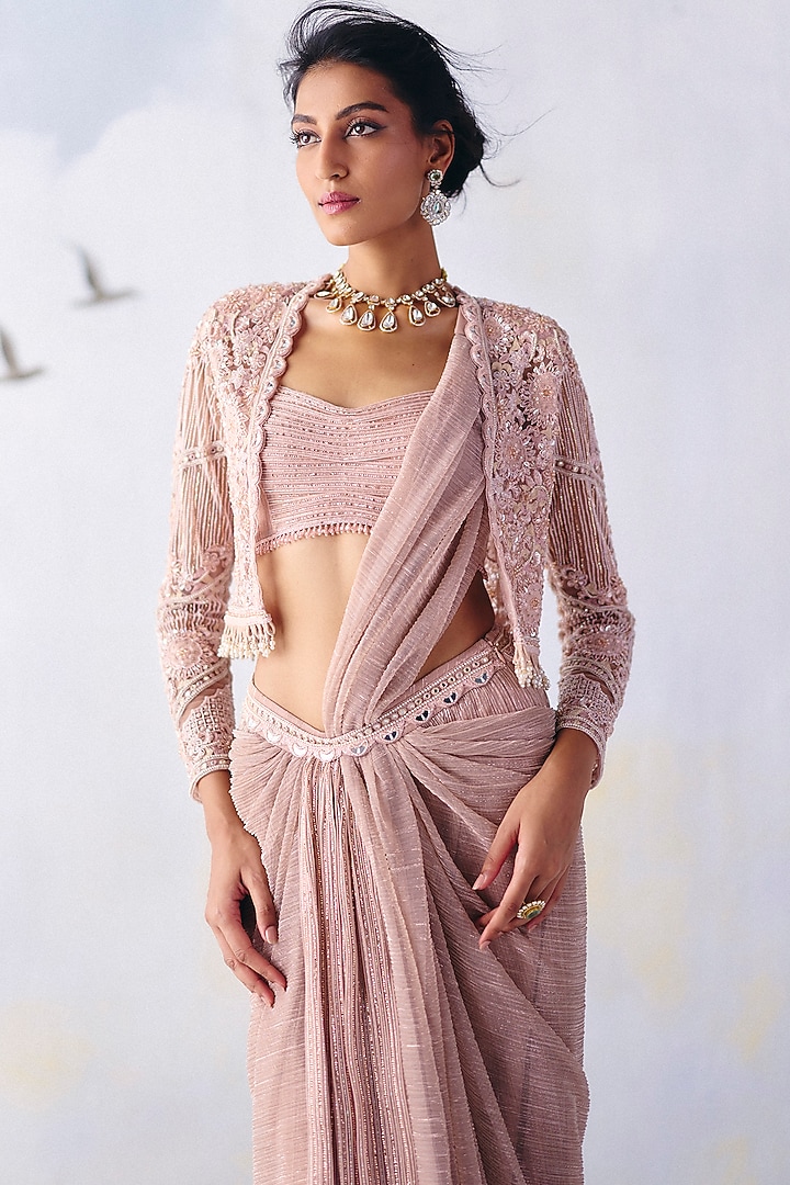 Dusty Pink Platinoir Crepe Pre-Draped Reception Saree Set by AWIGNA BY VARSHA & RITTU at Pernia's Pop Up Shop