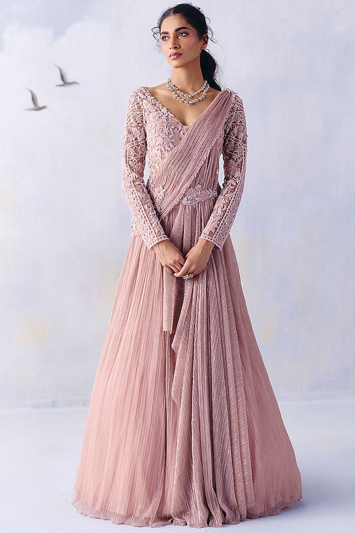 Dusty Pink Platinoir Crepe Floral Embroidered Gown by AWIGNA BY VARSHA & RITTU at Pernia's Pop Up Shop