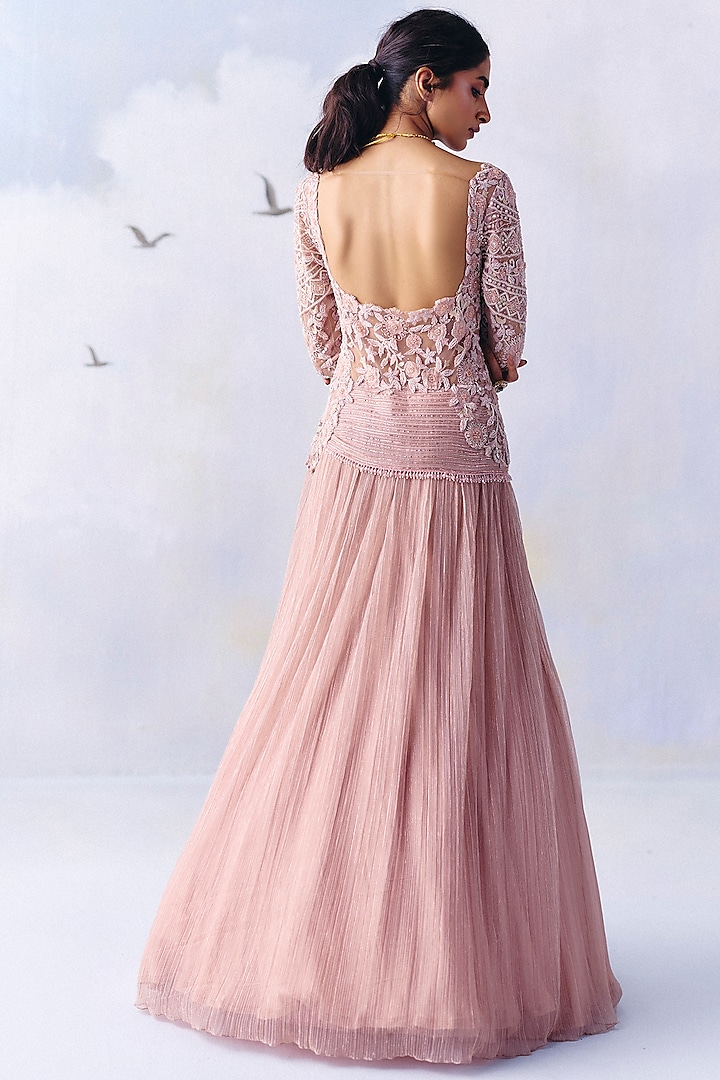 Dusty Pink Platinoir Crepe Floral Embroidered Wedding Gown by AWIGNA BY VARSHA & RITTU at Pernia's Pop Up Shop