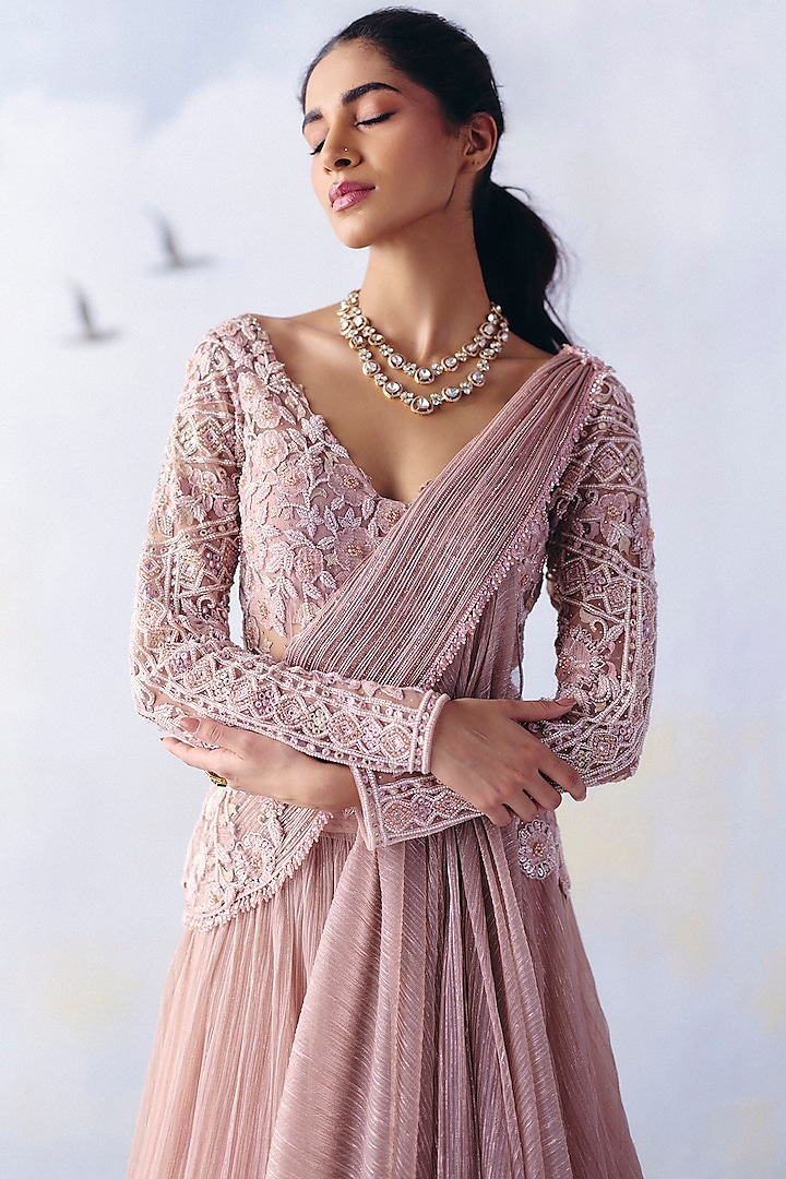 Dusty Pink Platinoir Crepe Floral Embroidered Wedding Gown by AWIGNA BY VARSHA & RITTU at Pernia's Pop Up Shop