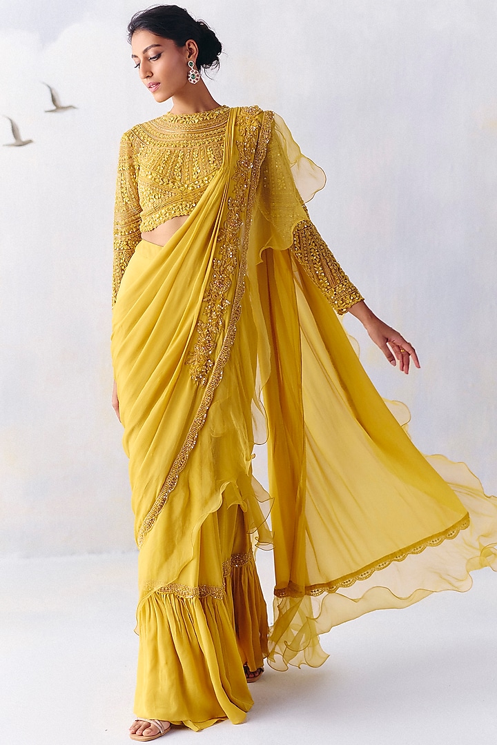 Yellow Chiffon & Organza Floral Embroidered Pre-Draped Saree Set by AWIGNA BY VARSHA & RITTU at Pernia's Pop Up Shop