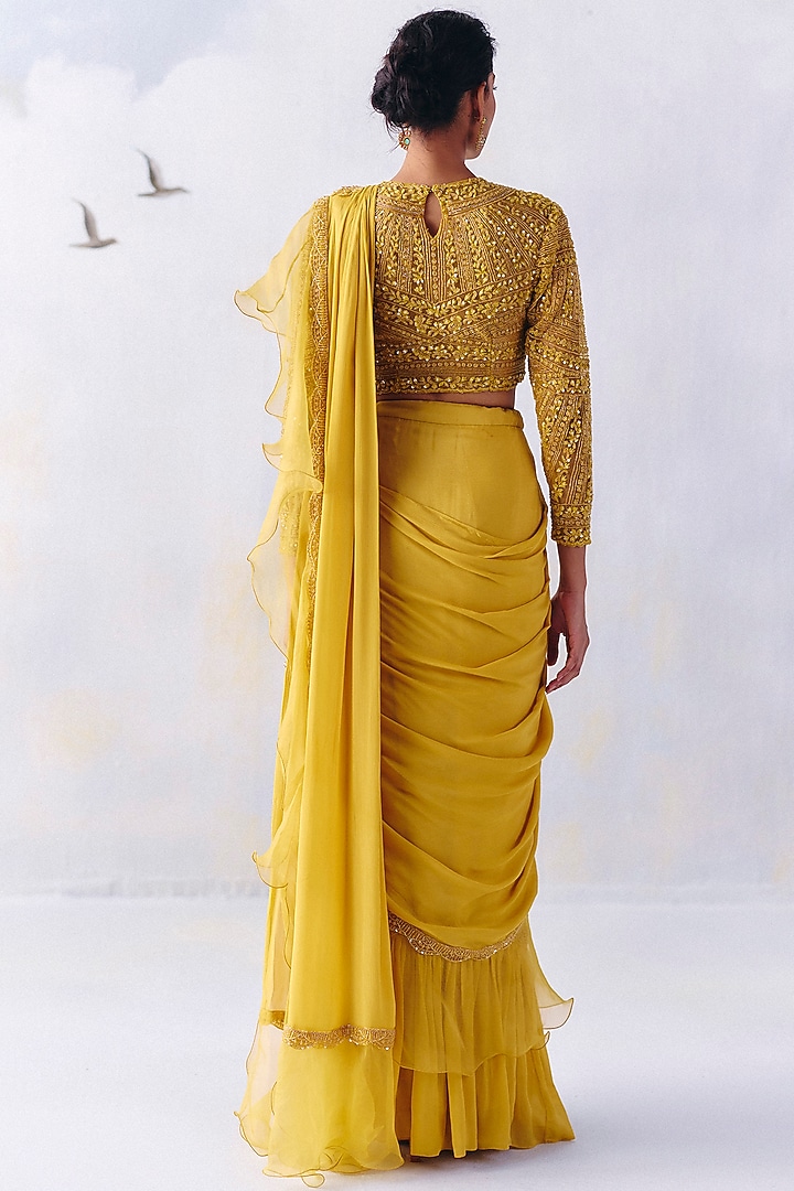 Yellow Chiffon & Organza Floral Embroidered Pre-Draped Wedding Saree Set by AWIGNA BY VARSHA & RITTU at Pernia's Pop Up Shop